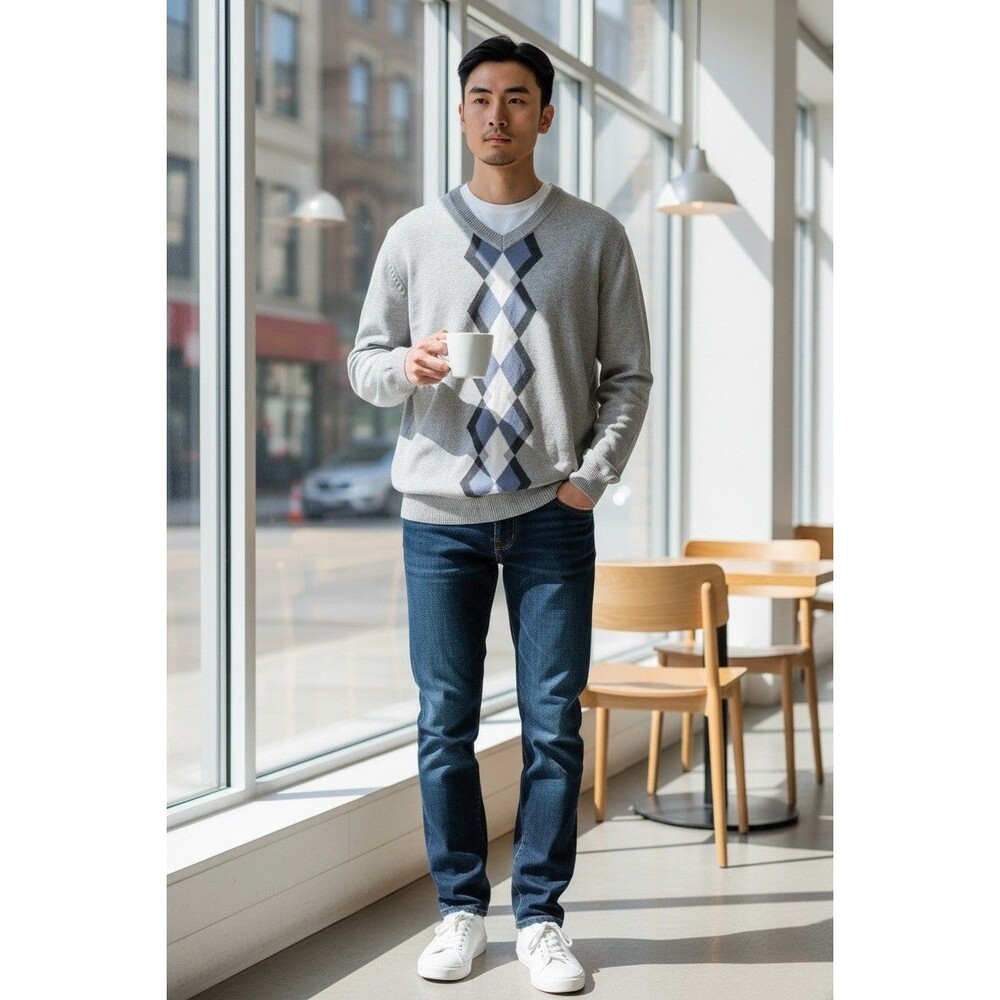 Claiborne Argyle Men’s Multicolor V-neck Pullover Sweater Size M Classic Winter